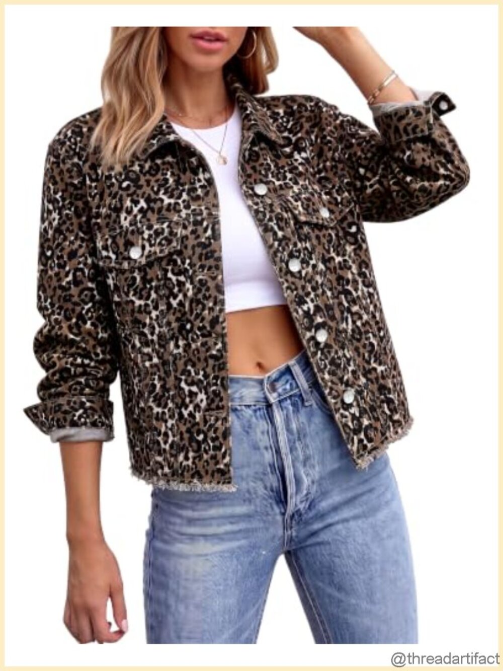 Leopard Print Stretchy Denim Jacket Frayed Raw Hem Button Down Cropped